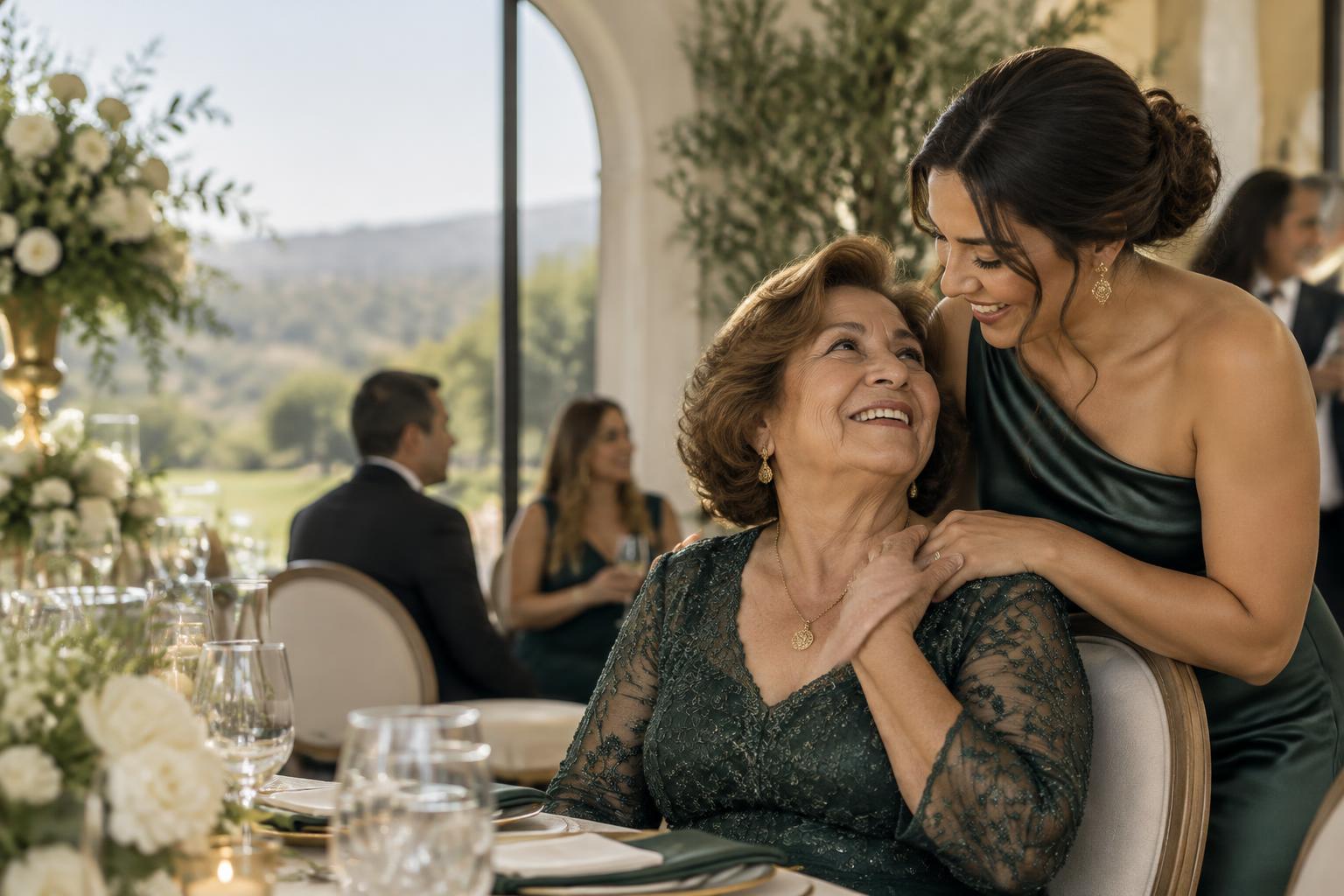 A grandmother and granddaughter sharing a joyful moment at a celebration