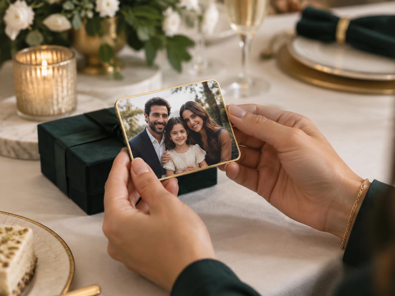 A personalized family portrait keepsake from the Tesoro Photo Bar held at an event